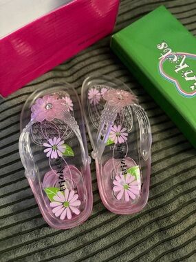Kids Clear Pink Jelly Sandals with Flower Accent NWT